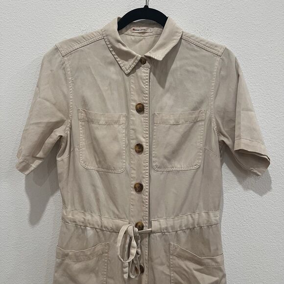 Marine Layer Jumpsuit Womens Small Beige Short Sleeve Button Front Utility - Picture 2 of 11